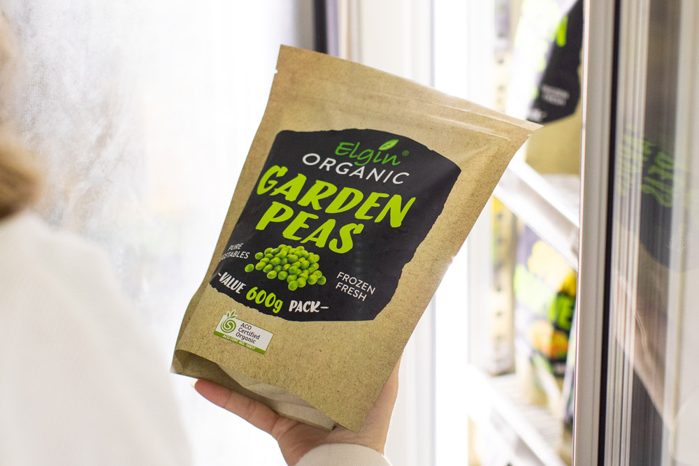 Products such as Elgin Organic's Garden Peas clearly display the Australian Certified Organic Bud certification logo on its packaging.