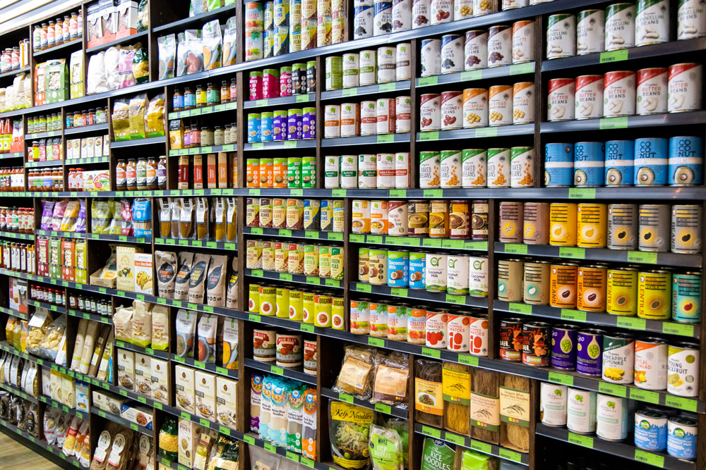 Organic packaged food on shelves at Market Organics in Bulimba, Brisbane.